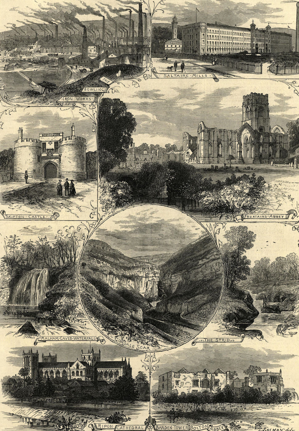 Bradford. Saltaire Mills Fountains/Bolton Abbey Strid Ripon Gordale Scar 1873